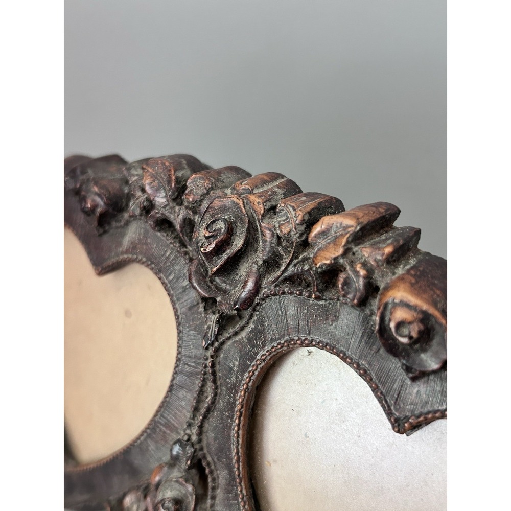 Vintage 7" Long Picture Frame Wood Carved Look - Rose Flower Double Heart Shape - Picture 4 of 8
